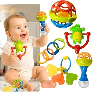 Kit Chocalho e Mordedores para Bebê 8 Peças Estímulo Sensorial