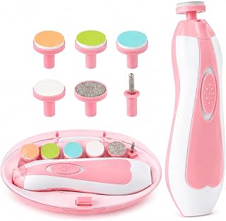 Cortador e Lixa de Unha Elétrico para Bebês 6 em 1 Rosa, Aparador de Unhas com Luz LED, 6 Cabeças Intercambiáveis, 4 Modos de Uso, Rotação Direita e Esquerda, Estojo Organizador