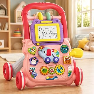 Andador Infantil Premium Educativo 2 em 1 com Painel de Atividades, Lousa Magnética para Desenho, Brinquedo Interativo, Coordenação Motora, Desenvolvimento Sensorial e Aprendizado Rosa