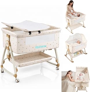 6 em 1 Berço Portátil, Moises para bebe com Fraldário e Mosquiteiro, Acoplado à Cama com Suporte Triangular de Aço Carbo