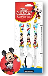 SIMONAGGIO Jogo de Talheres Infantil Disney Kids Mickey - Kit de Talheres de Aço Inox Com Cabo Plástico Para Bebês - Mul
