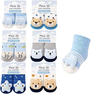 Kit 3 Pares Meia Infantil Antiderrapante Bebê Menino Menina com Pelúcia 3D Meia Bebê Antiderrapante Macia Confortável pa