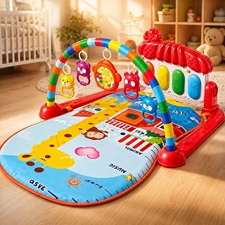 Tapete de Atividades Musical para Bebês com Piano Sonoro Removível, Arco com Brinquedos Suspensos, Estímulos Sensoriais,